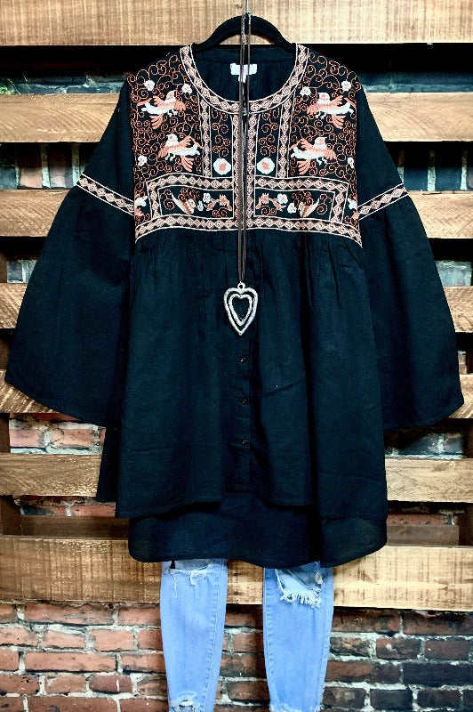 GYPSY NYGHT HIPPIE CHIC OVERSIZED EMBROIDERED BABYDOLL DRESS IN BLACK