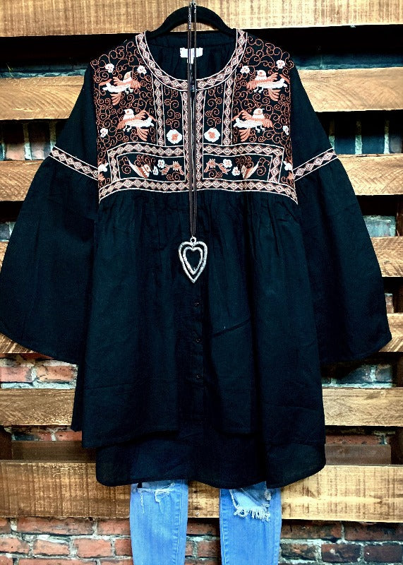 GYPSY NYGHT HIPPIE CHIC OVERSIZED EMBROIDERED BABYDOLL DRESS IN BLACK