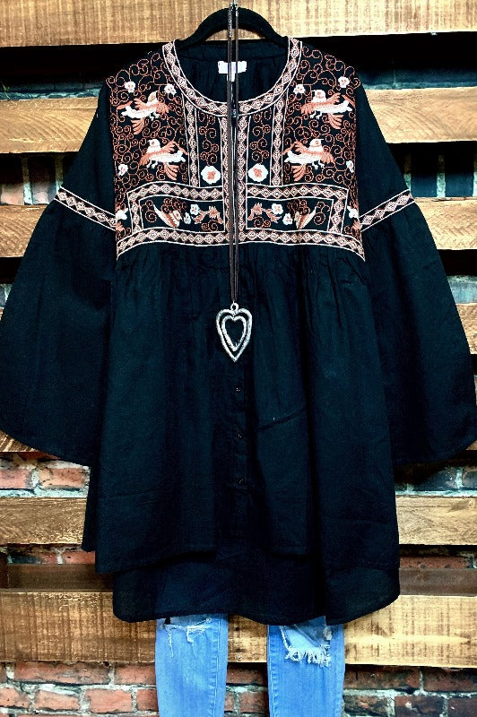 GYPSY NYGHT HIPPIE CHIC OVERSIZED EMBROIDERED BABYDOLL DRESS IN BLACK