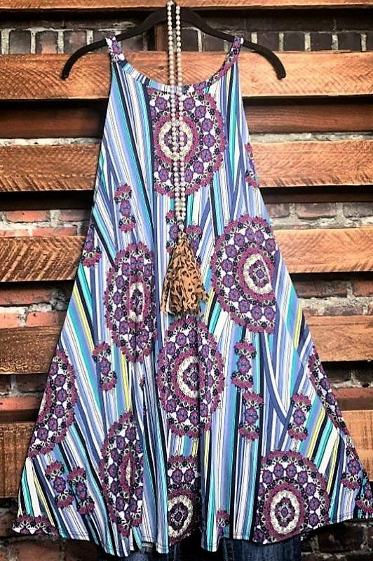 SWEET AND SUNNY DRESS MEDALLION PRINT IN BLUE & PURPLE---------------sale