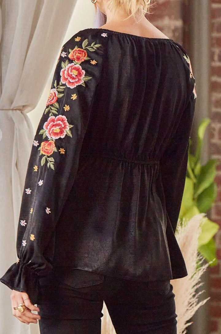 SWEET CHARM ROSES EMBROIDERED SATIN TOP IN BLACK-----------SALE