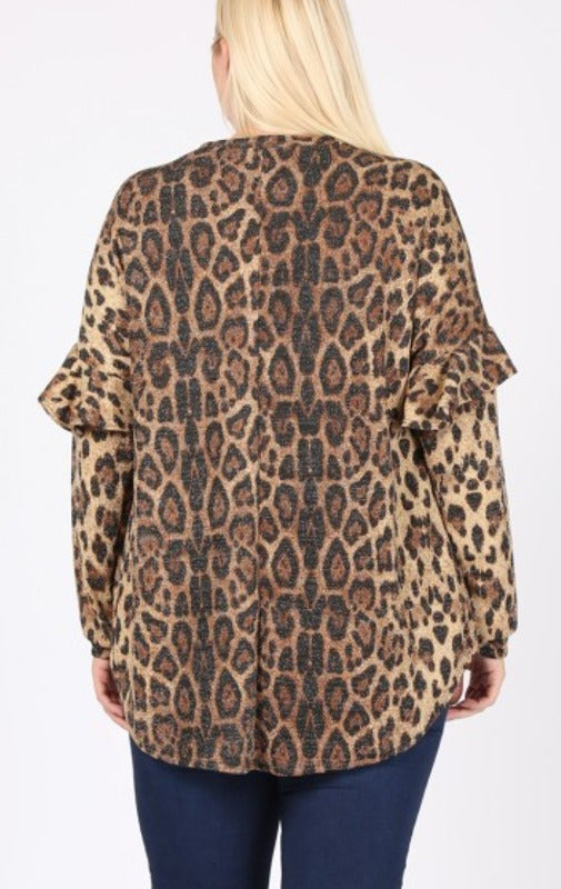 2X - RUFFLE SLEEVE SWEATER TUNIC IN LEOPARD---------SALE
