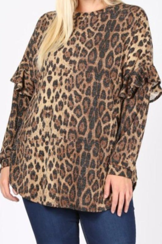 2X - RUFFLE SLEEVE SWEATER TUNIC IN LEOPARD---------SALE