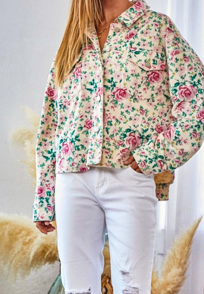 DOWNTOWN ROMANCE CORDUROY FLORAL JACKET IN IVORY & MULTI-COLOR