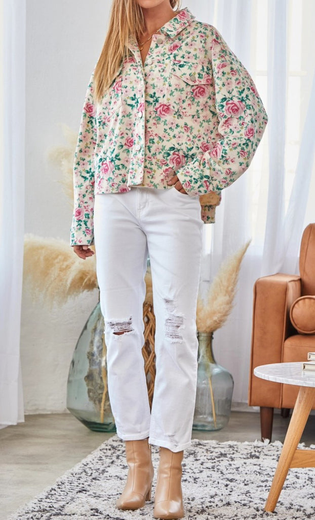 DOWNTOWN ROMANCE CORDUROY FLORAL JACKET IN IVORY & MULTI-COLOR