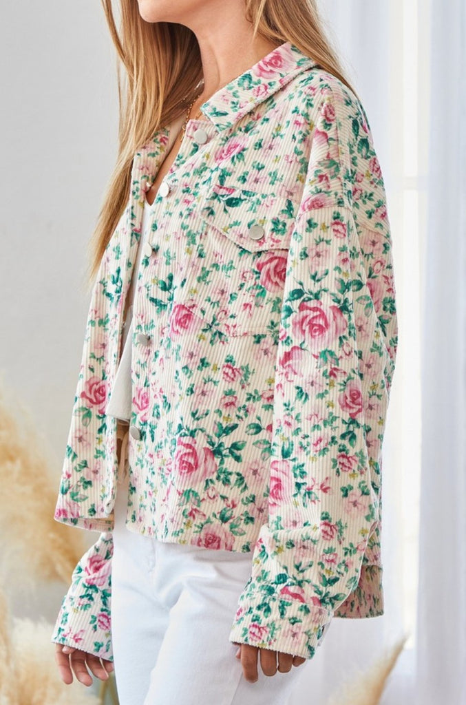DOWNTOWN ROMANCE CORDUROY FLORAL JACKET IN IVORY & MULTI-COLOR
