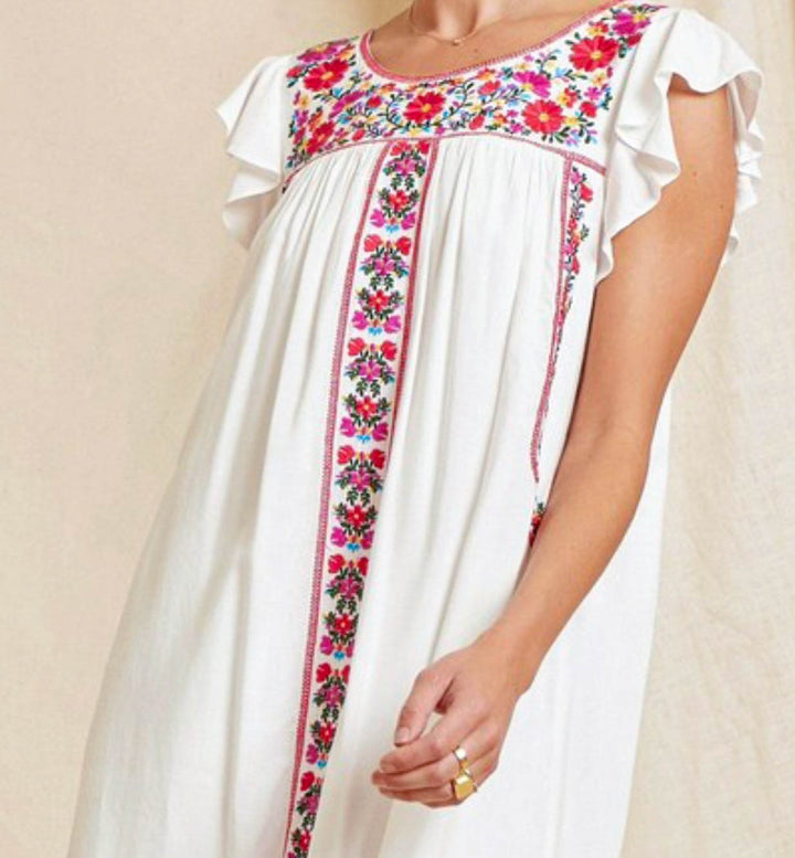 FOREVER MY LOVE PRETTY EMBROIDERED FLORAL DRESS IN IVORY