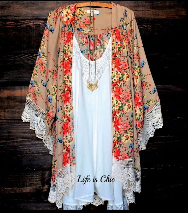 Vintage Crochet Floral Kimono in Multi-Color