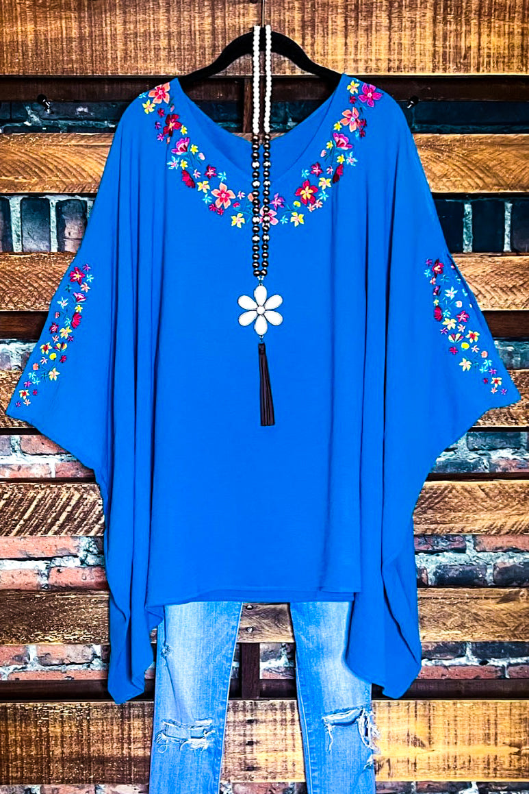 PRETTY PERFECTION EMBROIDERED OVERSIZED TUNIC PONCHO IN ATLANTIC BLUE