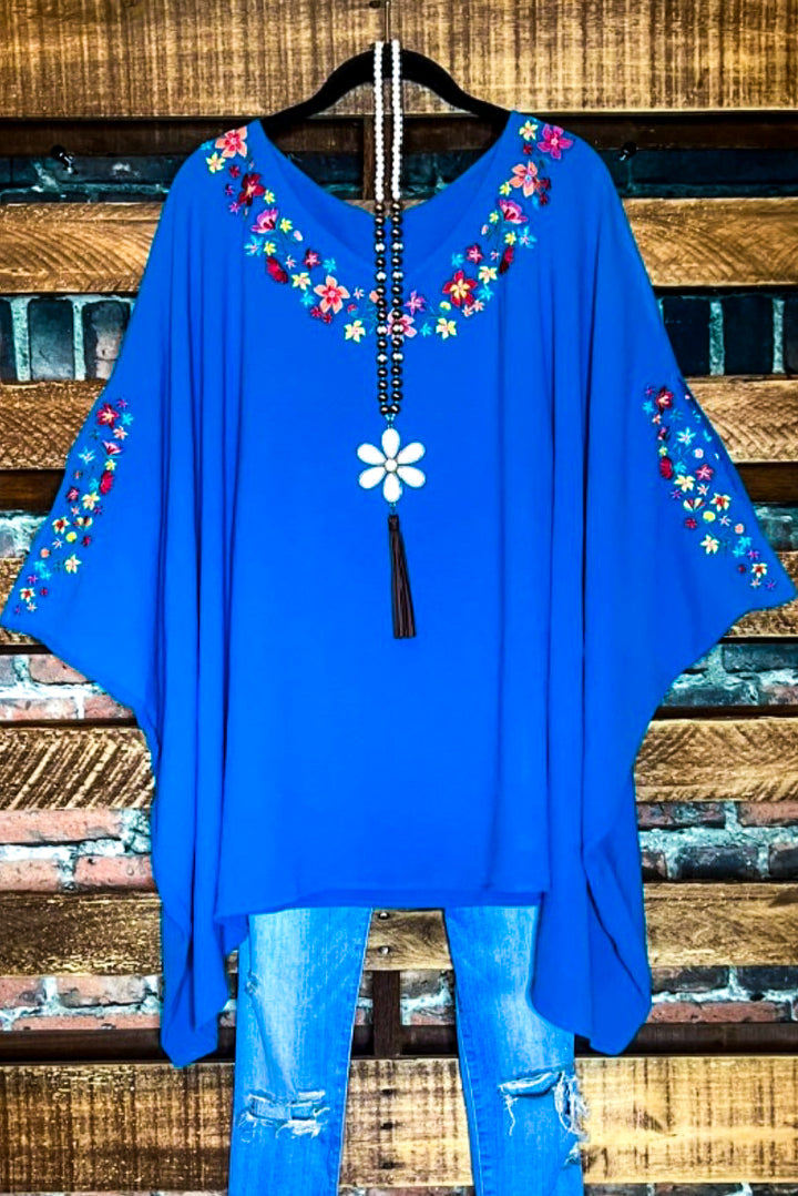 PRETTY PERFECTION EMBROIDERED OVERSIZED TUNIC PONCHO IN ATLANTIC BLUE