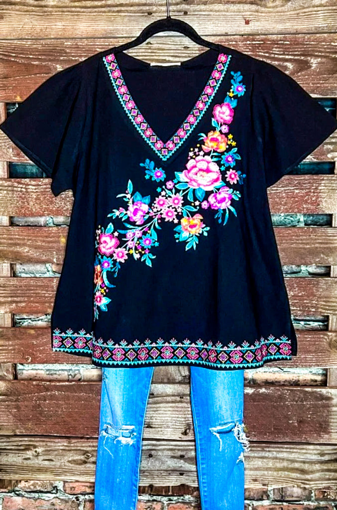 PRECIOUS PASSION 100% COTTON EMBROIDERED TOP IN BLACK