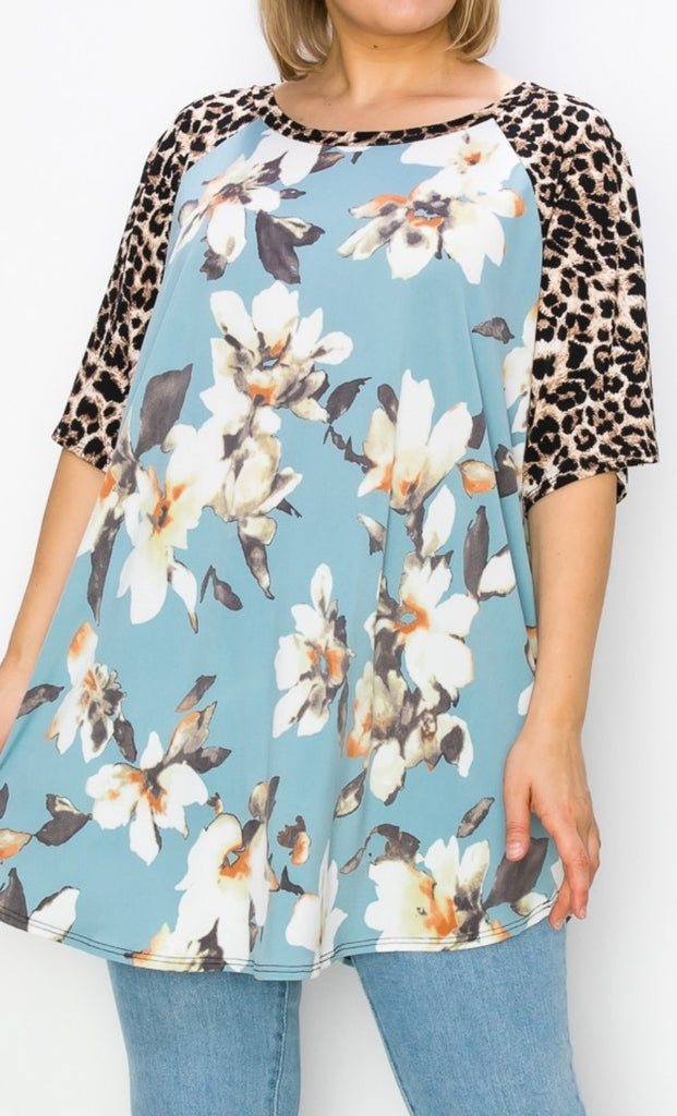 A FRESH START FLORAL & LEOPARD PRINT T-TUNIC 3X 4X 5X IN MULTICOLOR--------SALE