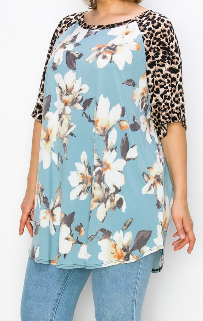 A FRESH START FLORAL & LEOPARD PRINT T-TUNIC 3X 4X 5X IN MULTICOLOR--------SALE