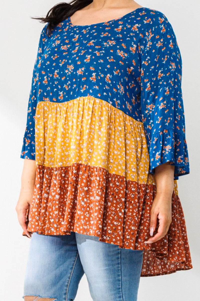 SIMPLY PERFECT CASUAL BABYDOLL TOP IN BLUE & MULTI
