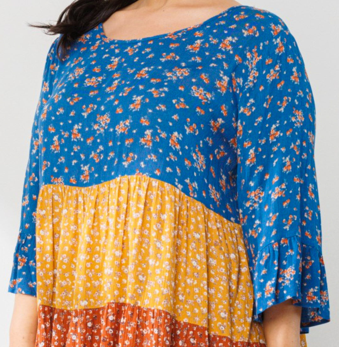 SIMPLY PERFECT CASUAL BABYDOLL TOP IN BLUE & MULTI