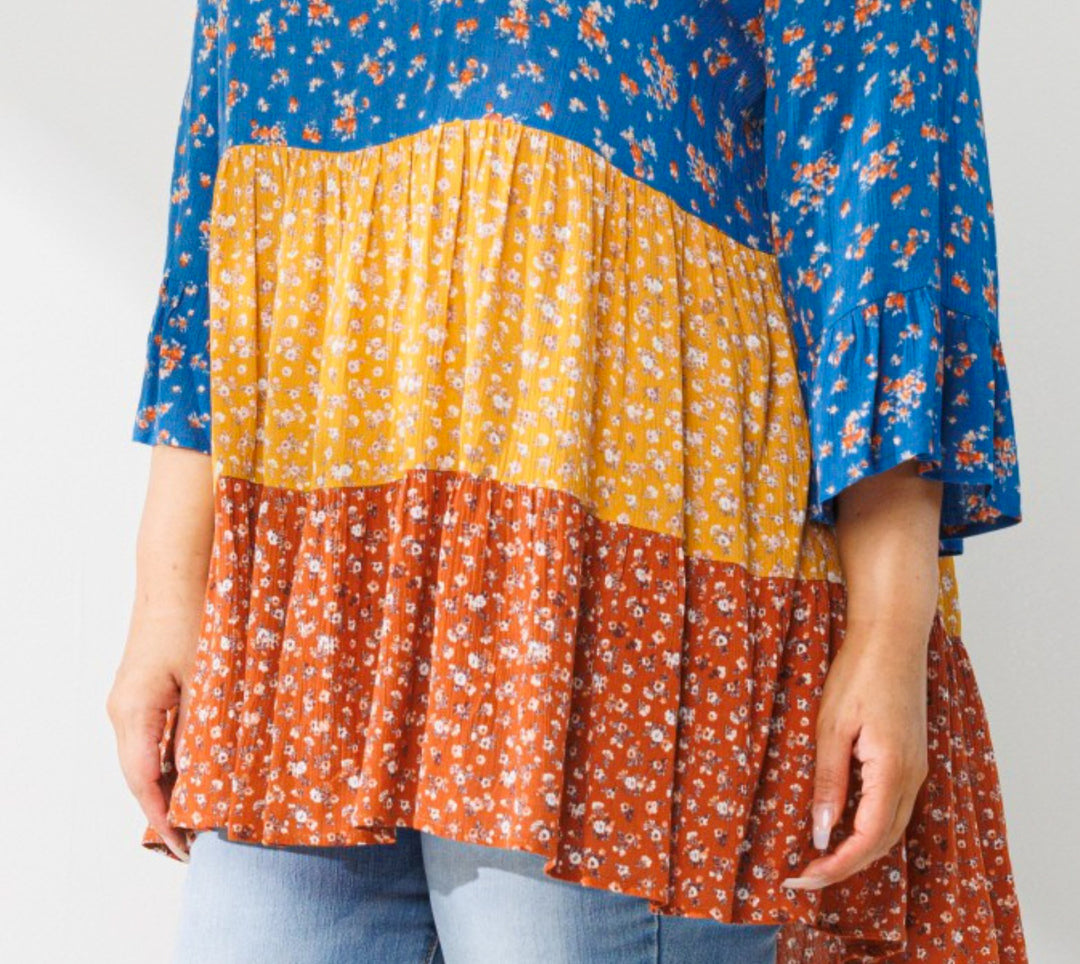 SIMPLY PERFECT CASUAL BABYDOLL TOP IN BLUE & MULTI