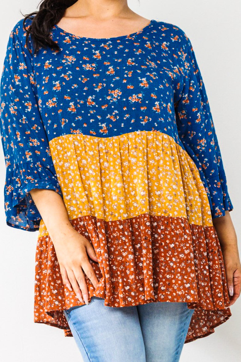 SIMPLY PERFECT CASUAL BABYDOLL TOP IN BLUE & MULTI