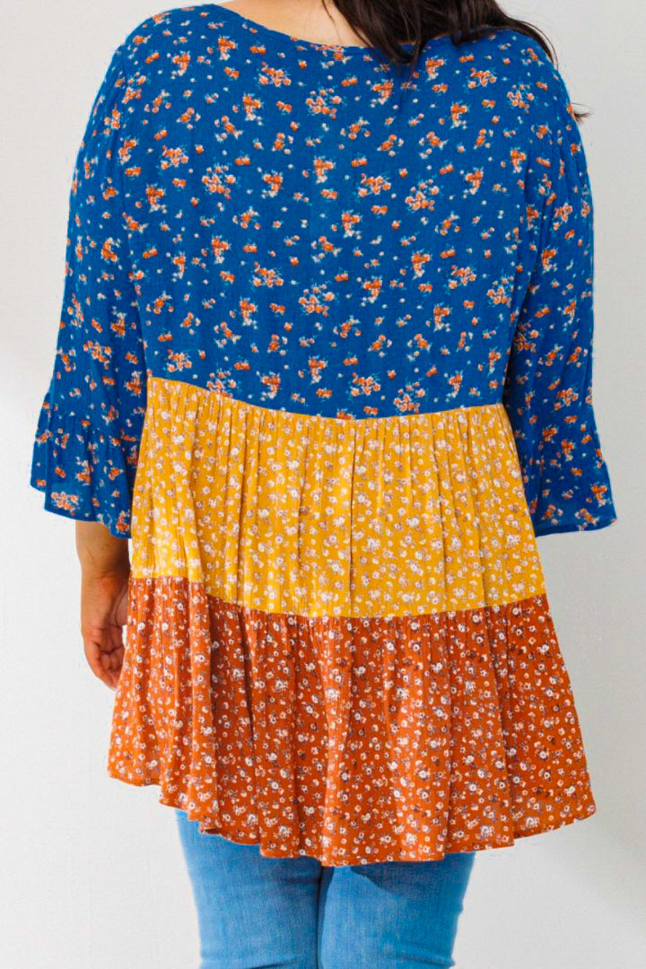 SIMPLY PERFECT CASUAL BABYDOLL TOP IN BLUE & MULTI