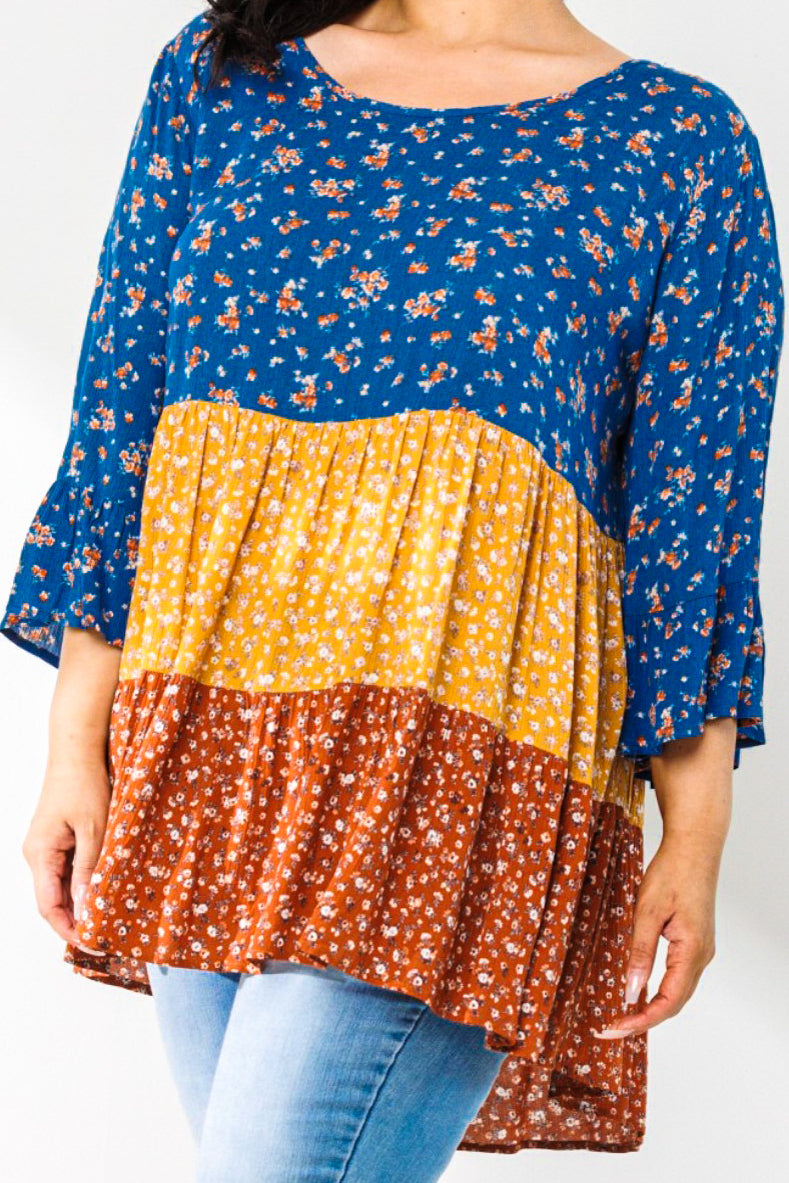 SIMPLY PERFECT CASUAL BABYDOLL TOP IN BLUE & MULTI