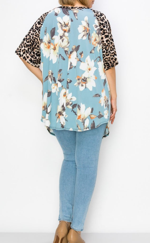 A FRESH START FLORAL & LEOPARD PRINT T-TUNIC 3X 4X 5X IN MULTICOLOR--------SALE