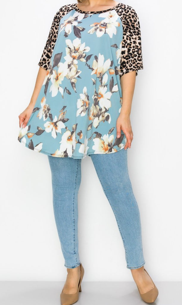 A FRESH START FLORAL & LEOPARD PRINT T-TUNIC 3X 4X 5X IN MULTICOLOR--------SALE