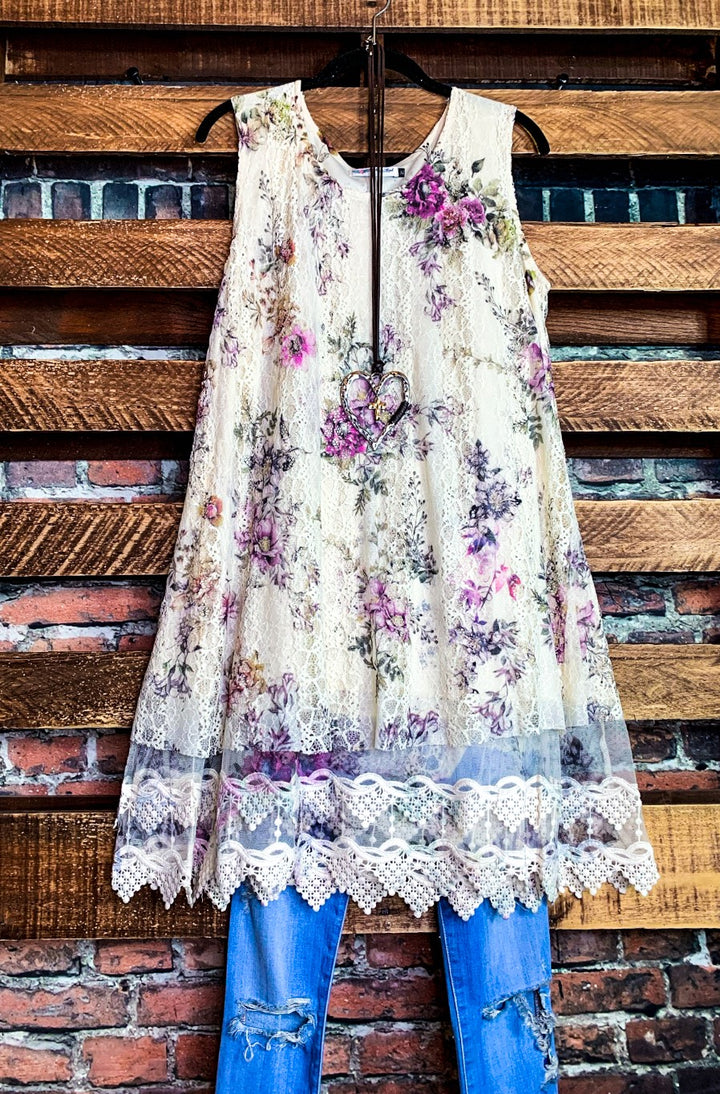 A LITTLE ENCHANTMENT ROSES LAYERED SLIP DRESS TUNIC IN  BEIGE & FLORAL
