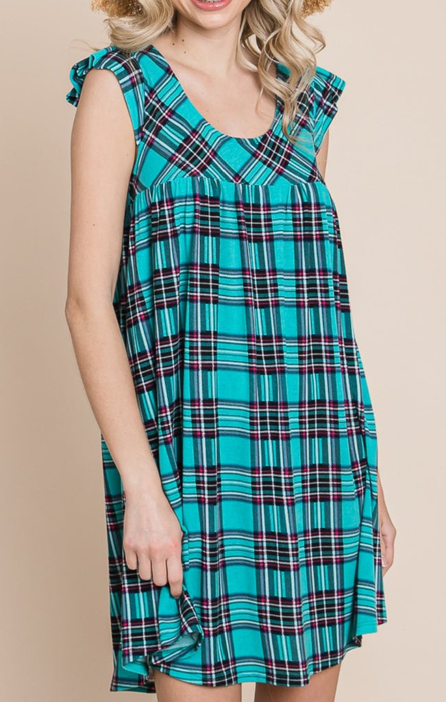 GREEN TEAL PLAID DRESS ---------SALE