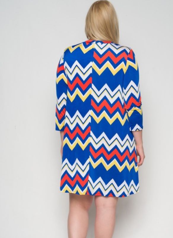 1X-2X-3X BLUE & CORAL RED CHEVRON PRINT DRESS------------SALE