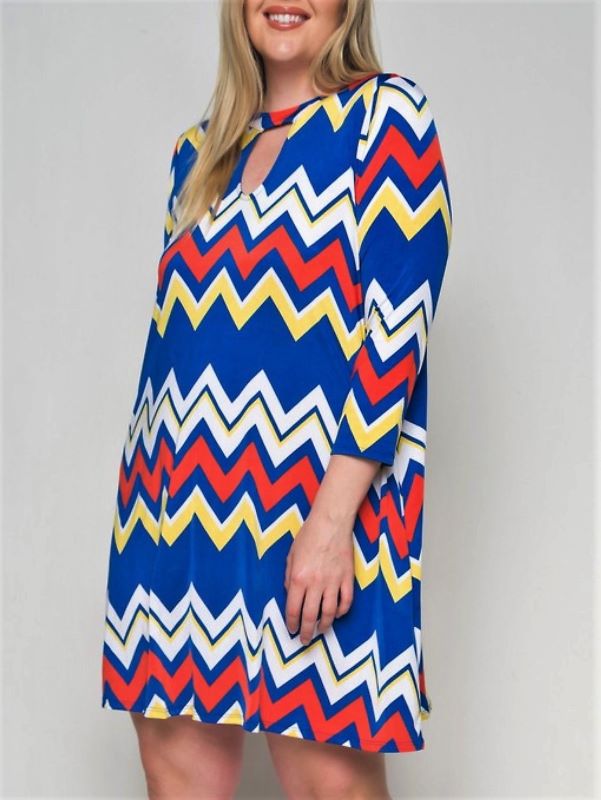1X-2X-3X BLUE & CORAL RED CHEVRON PRINT DRESS------------SALE