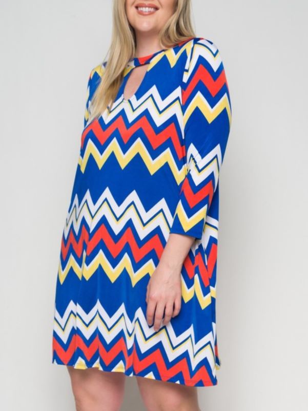 1X-2X-3X BLUE & CORAL RED CHEVRON PRINT DRESS------------SALE