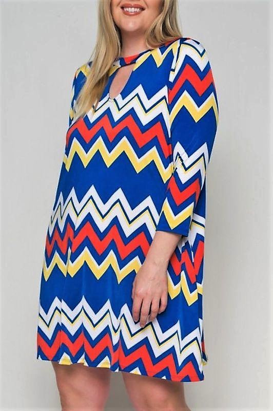 1X-2X-3X BLUE & CORAL RED CHEVRON PRINT DRESS------------SALE