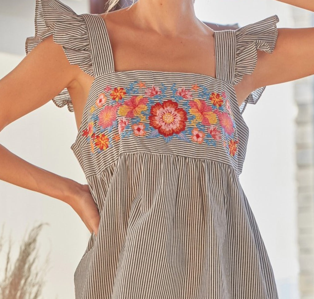 1X 2X 3X Sunkissed Floral & Stripes Babydoll Top in Denim--------SALE