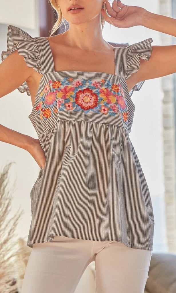 1X 2X 3X Sunkissed Floral & Stripes Babydoll Top in Denim--------SALE