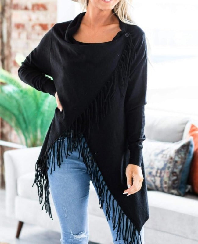 Let's Go To The City Fringe Cardigan in Black-------------Sale
