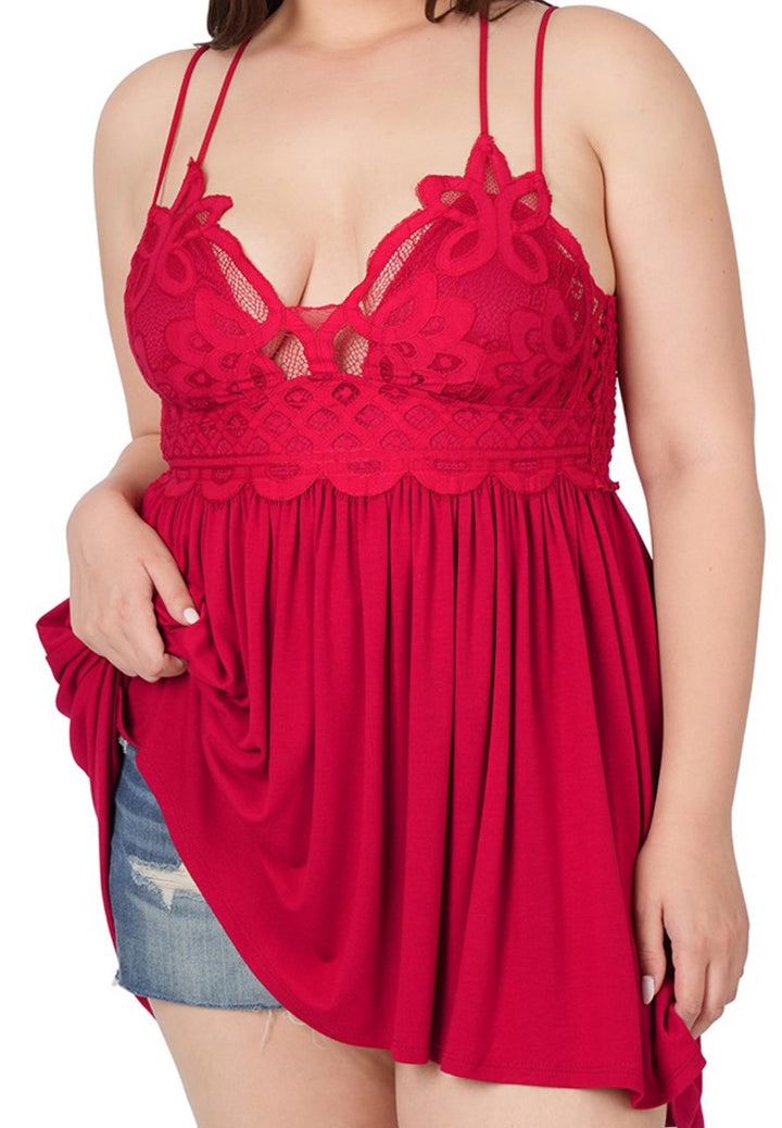 SWEET PASSION LACE BRALETTE CAMI TOP IN CRIMSON RED