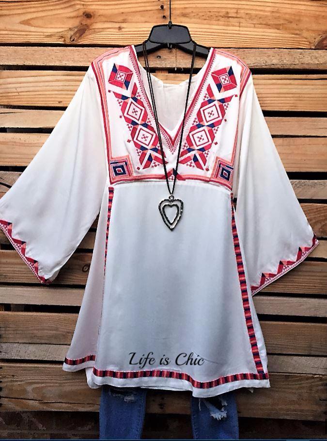 LIVING FREE & PEACE EMBROIDERED DRESS IN OFF-WHITE MIX [product vendor] - Life is Chic Boutique
