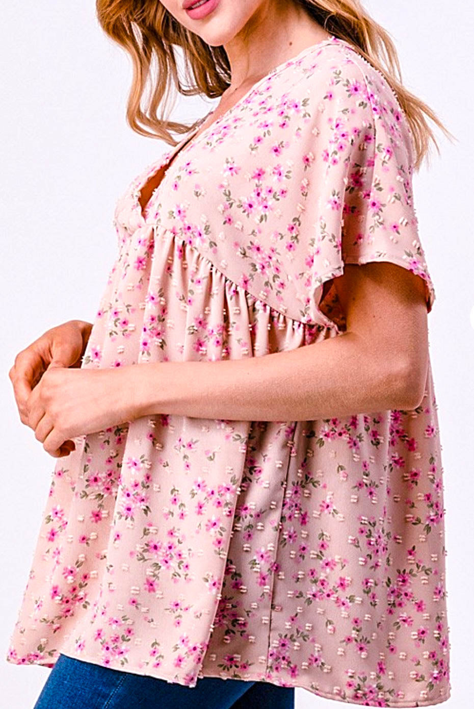 BEAUTIFUL  TIMELESS  FLORAL BABYDOLL TOP IN BLUSH ROSE--------SALE