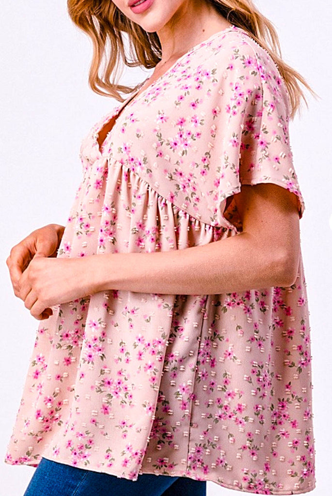 BEAUTIFUL  TIMELESS  FLORAL BABYDOLL TOP IN BLUSH ROSE--------SALE