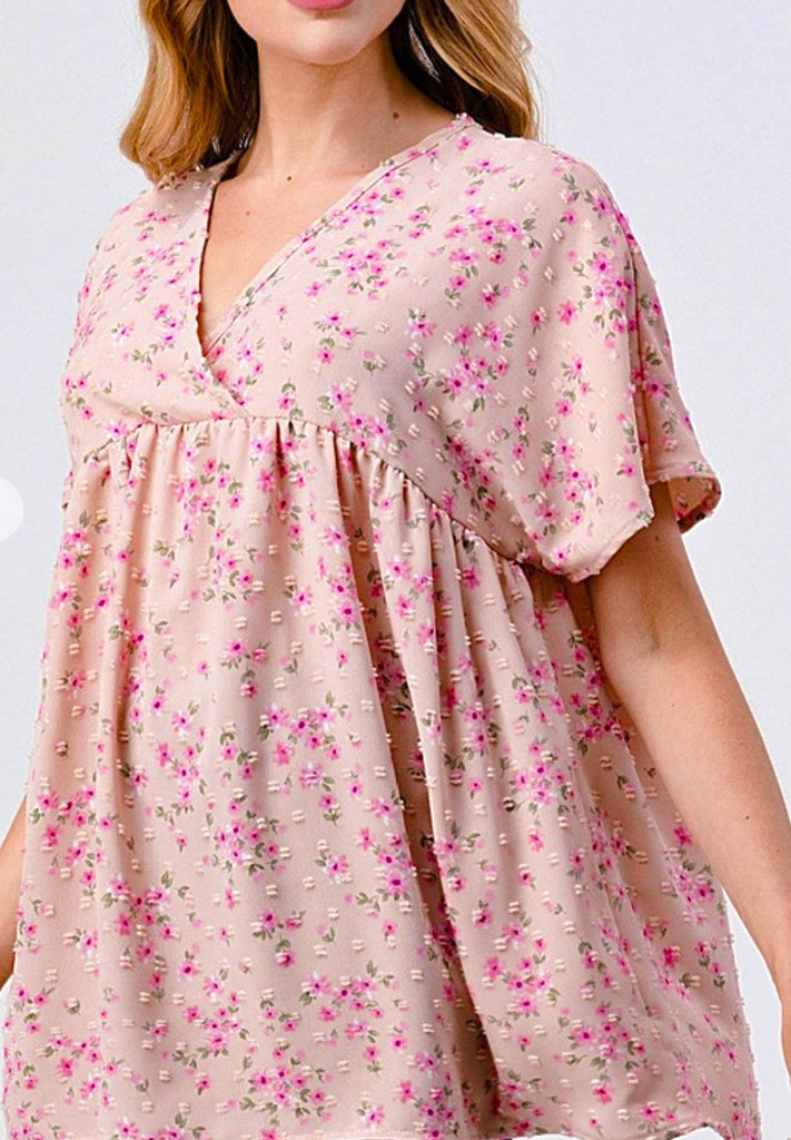BEAUTIFUL  TIMELESS  FLORAL BABYDOLL TOP IN BLUSH ROSE--------SALE