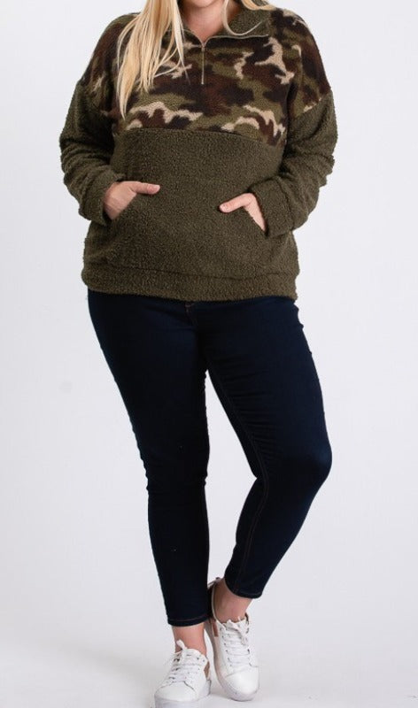 COZY SHERPA POCKETED CAMO SWEATER IN OLIVE------------------sale