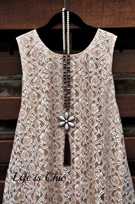 BEAUTIFUL MUSE ROSES LACE SLEEVELESS DRESS IN BEIGE