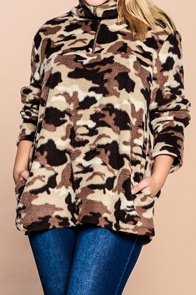 Live In Harmony Brown Camo Faux Fur Pullover