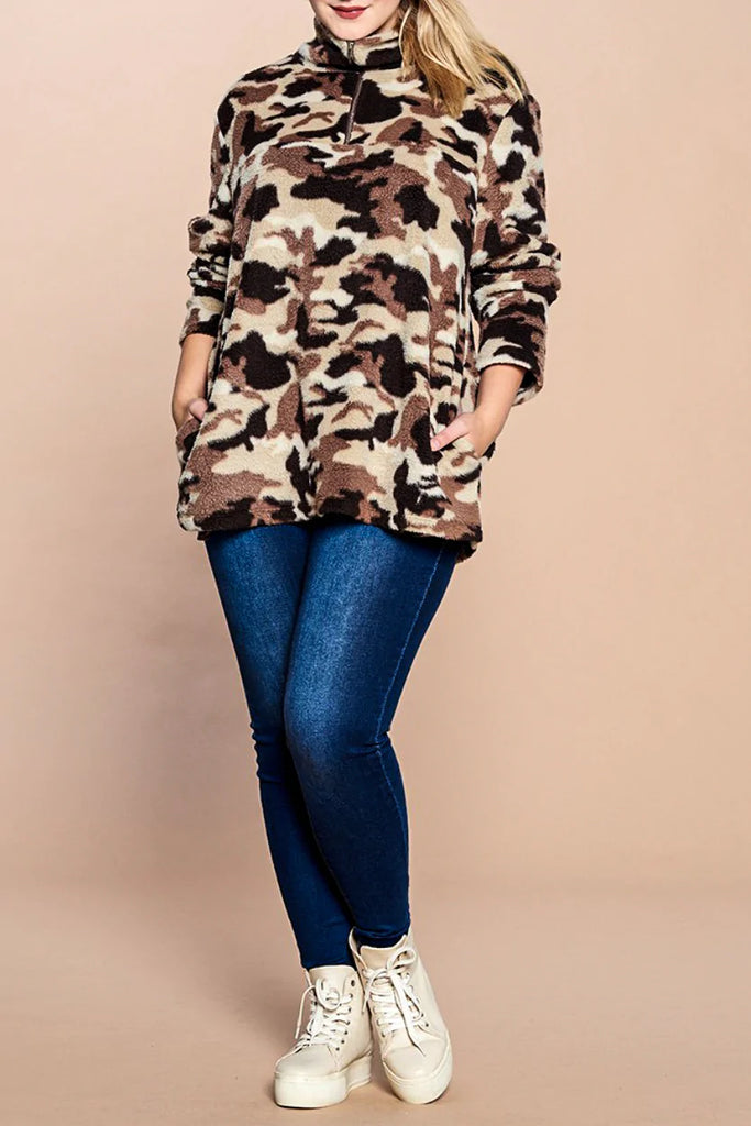 Live In Harmony Brown Camo Faux Fur Pullover