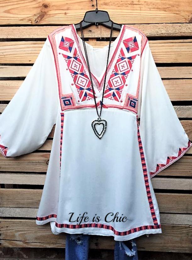 LIVING FREE & PEACE EMBROIDERED DRESS IN OFF-WHITE MIX [product vendor] - Life is Chic Boutique