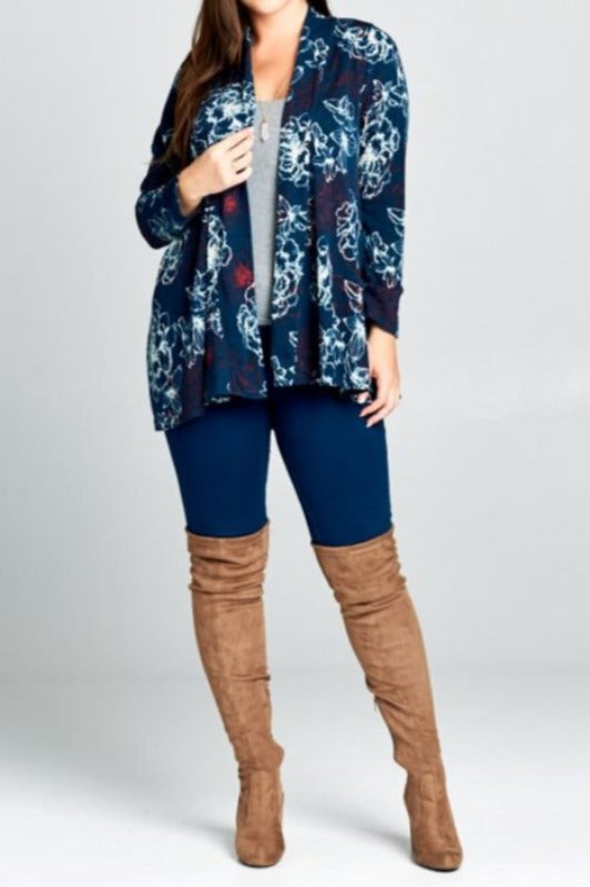 16-26-Comfy Timekess Floral Print Cardigan in Dark Teal---------------sale