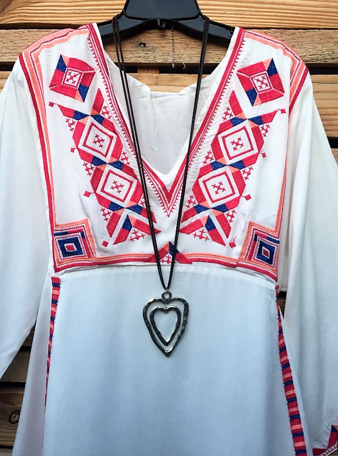 LIVING FREE & PEACE EMBROIDERED DRESS IN OFF-WHITE MIX [product vendor] - Life is Chic Boutique