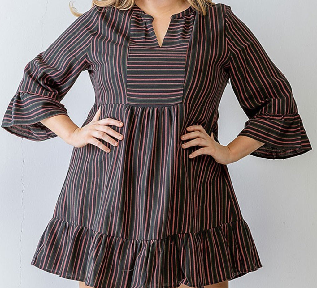 AT THAT MOMENT STRIPED RUFFLE DRESS IN NAVY & MAUVE