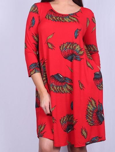 LUCKY WISHES DRESS 3Q SLEEVE IN RED-CORAL (8-14)-----sale