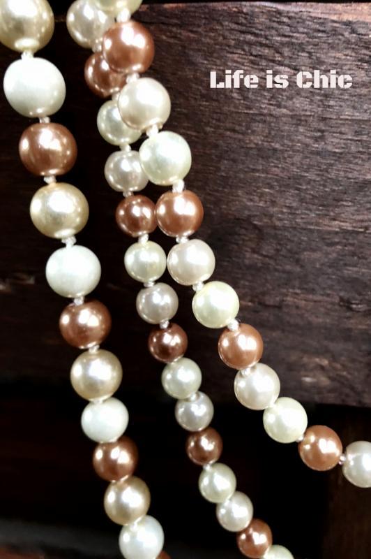 TIMELESS CLASSIC BROWNISH-GOLD AND CREAM LONG PEARL BEAD NECKLACE