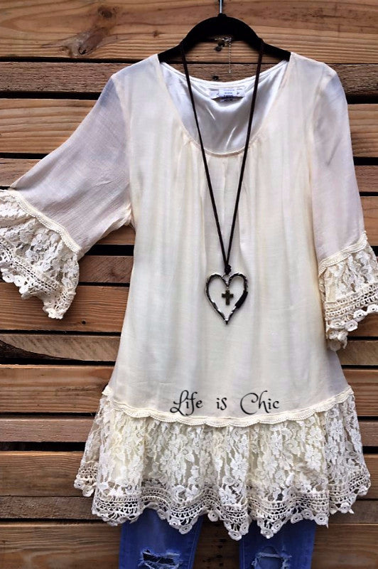 VINTAGE INSPIRED LACE TUNIC - BEIGE [product vendor] - Life is Chic Boutique